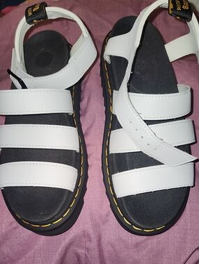 Dr. Martens White Triple-Strap Sandals with Yellow Stitching